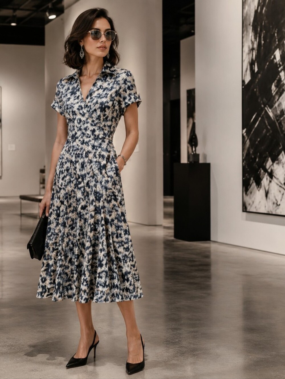 Metrostyle 12T Cotton Stretch Abstract Wrap Midi Dress Blue Black Collared Tall